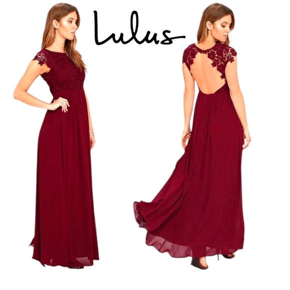 Lulus Dresses & Skirts - LULUS The Greatest Lace Maxi Dress Burgundy Crew Backless Cap Sleeves Sz SM NWT